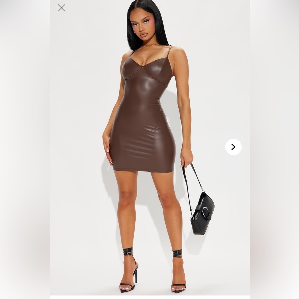 NWT Fashion Nova Natalie faux leather mini dress brown bodycon spaghetti straps